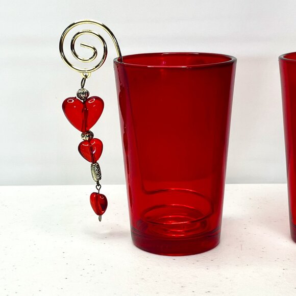 Pair Red Glass Luminary Votive Candle Holder Decorative Hearts Golden Wire Roman - Picture 4 of 17